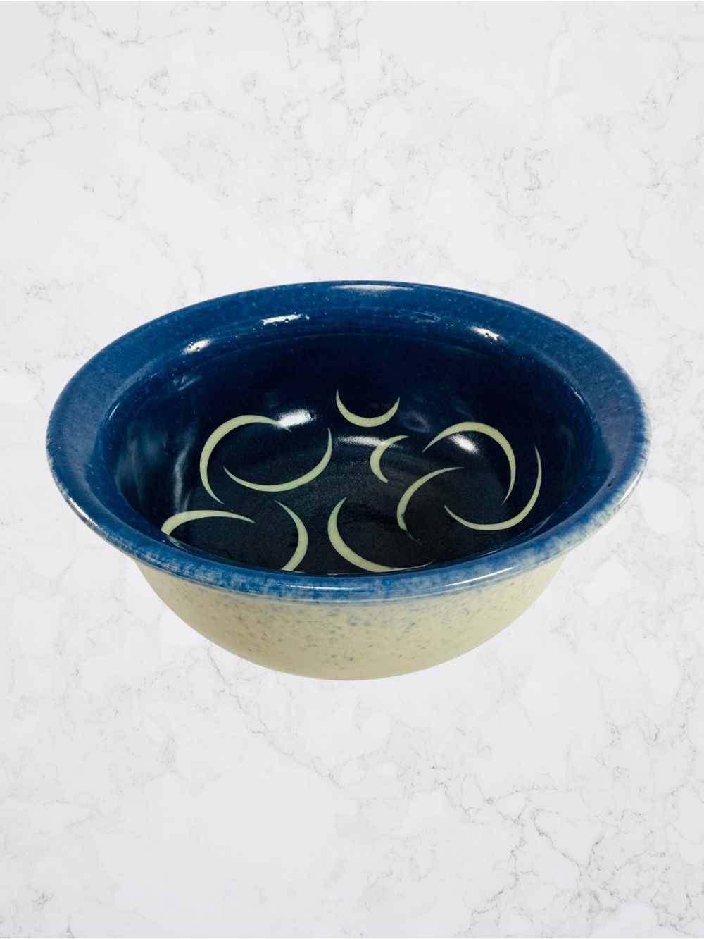 Truly Crazed Ceramic Cobalt Blue Crescent Beige Rice Noodle Bowl Asian Japanese